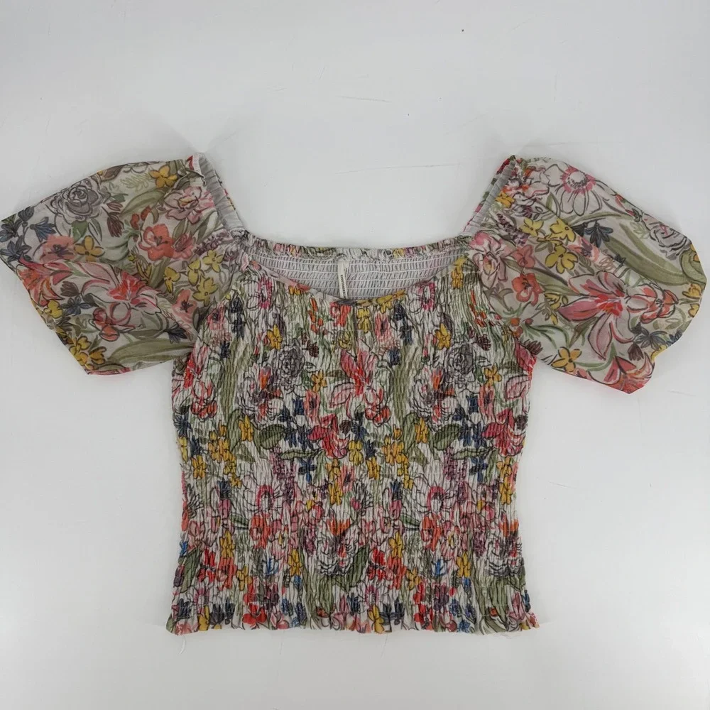 By Anthropologie‎ Aurelia Floral Smocked Mesh Puff Sleeve Top Multi-Color Small